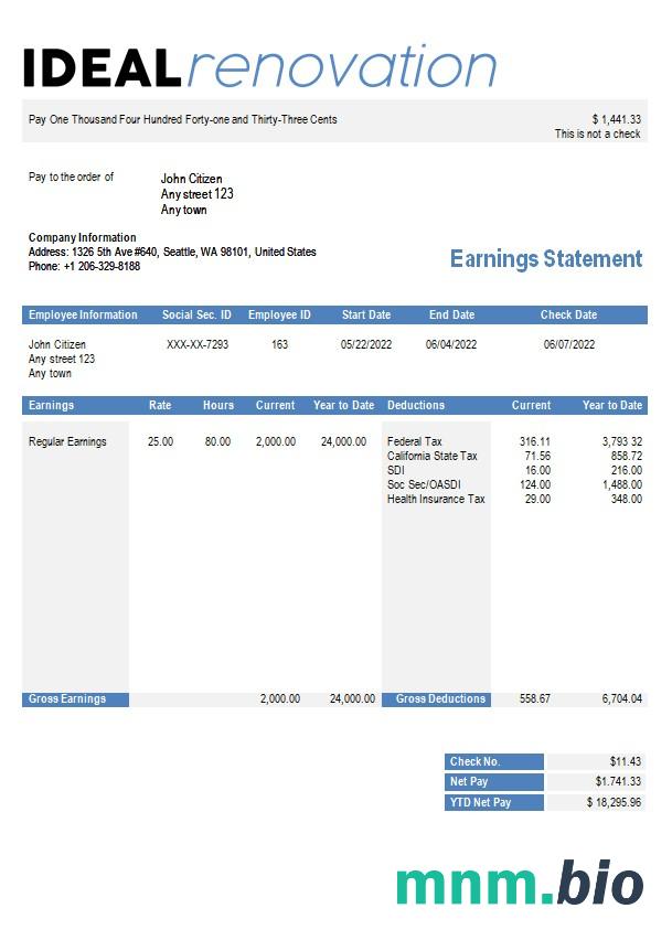 szablon Paystub firmy remontowej w formatach Word i PDF